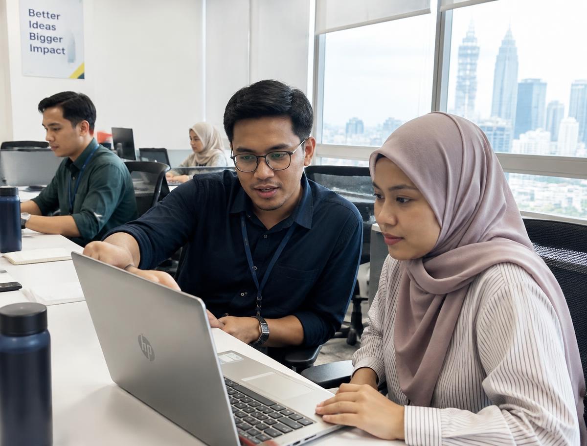 Colleagues working together at a laptop